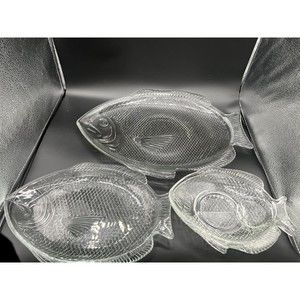 Vintage Clear Glass Fish Serving Platter 4CT Plates Oven Proof USA 15", 11", 8"